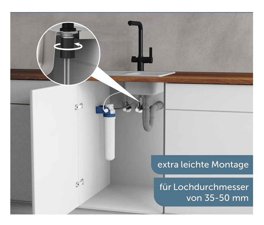 Unter der Spüle ist eine Schütte AQUASTAR PRO Filterarmatur, black, montiert.