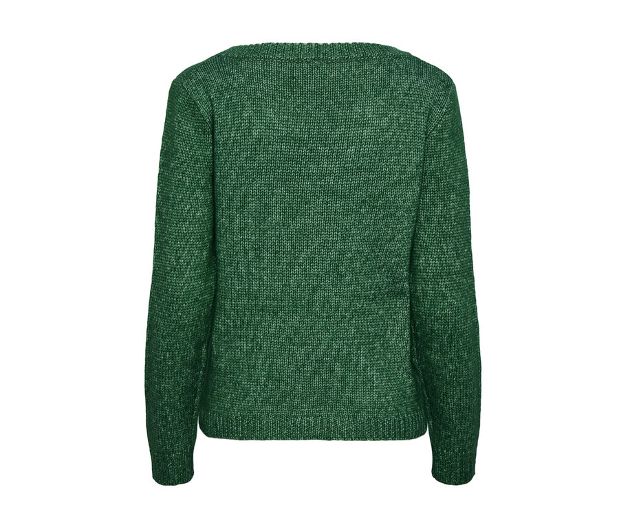 Grüner Grobstrick-Pullover.