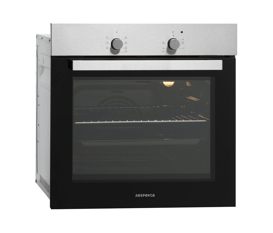 Silberner Respekta Einbaubackofen AB 120-33 mit schwarzen Details.