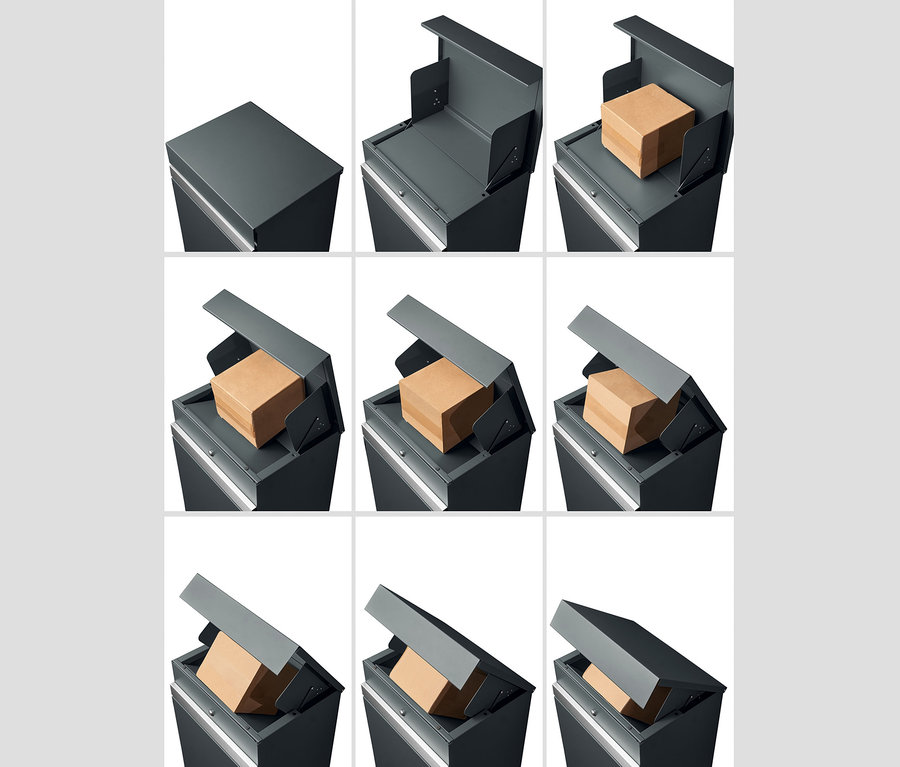 Paketbox-Briefkasten »Luxury« mit Hausnummer in neun Phasen: leer, geöffnet, mit Paket.