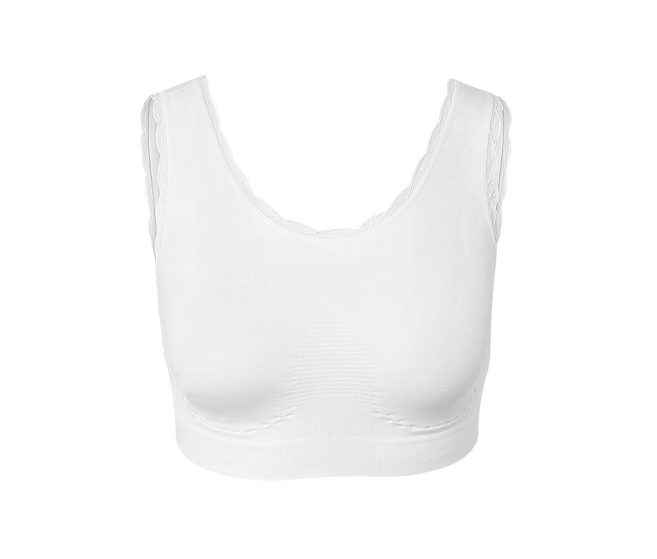 Detailansicht eines weißen Seamless-Bustiers mit Spitze.