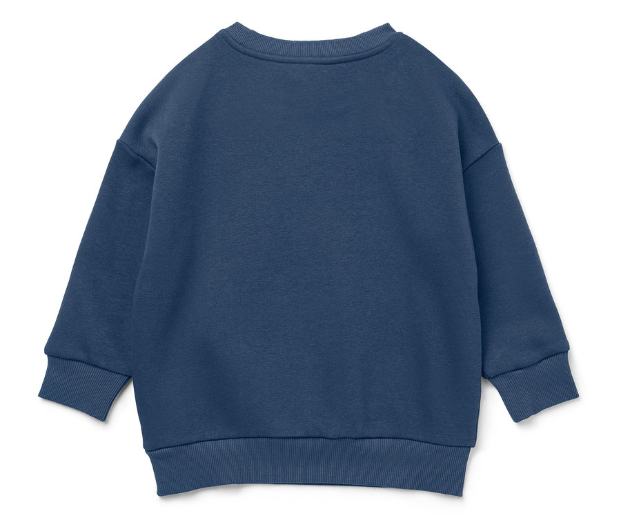 Ein marineblaues Sweatshirt liegt auf einem weißen Hintergrund.