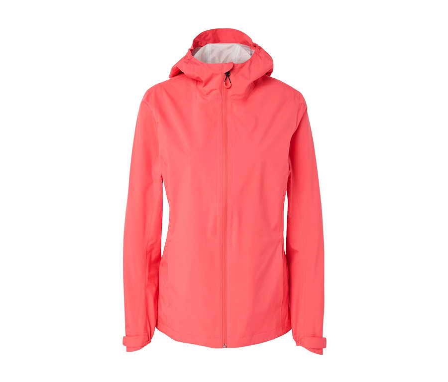 Orangefarbene 2,5-Lagen-Outdoorjacke mit Kapuze.