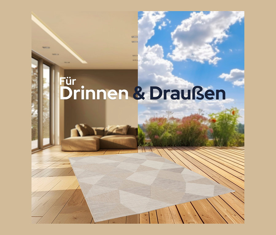 Innen- und Außenbereich mit beigem geometrischem Outdoor-Teppich »Sandstone Shapes«.