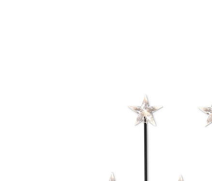 Fünf Solar-Leuchtstäbe in Sternform mit schwarzen Stäben und einem Solarpanel.