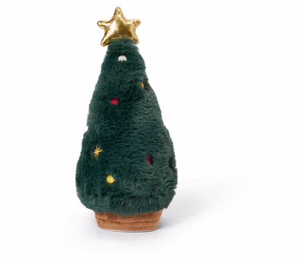 Ein Plüsch-Weihnachtsbaum mit braunem Sockel und goldenem Stern an der Spitze.
