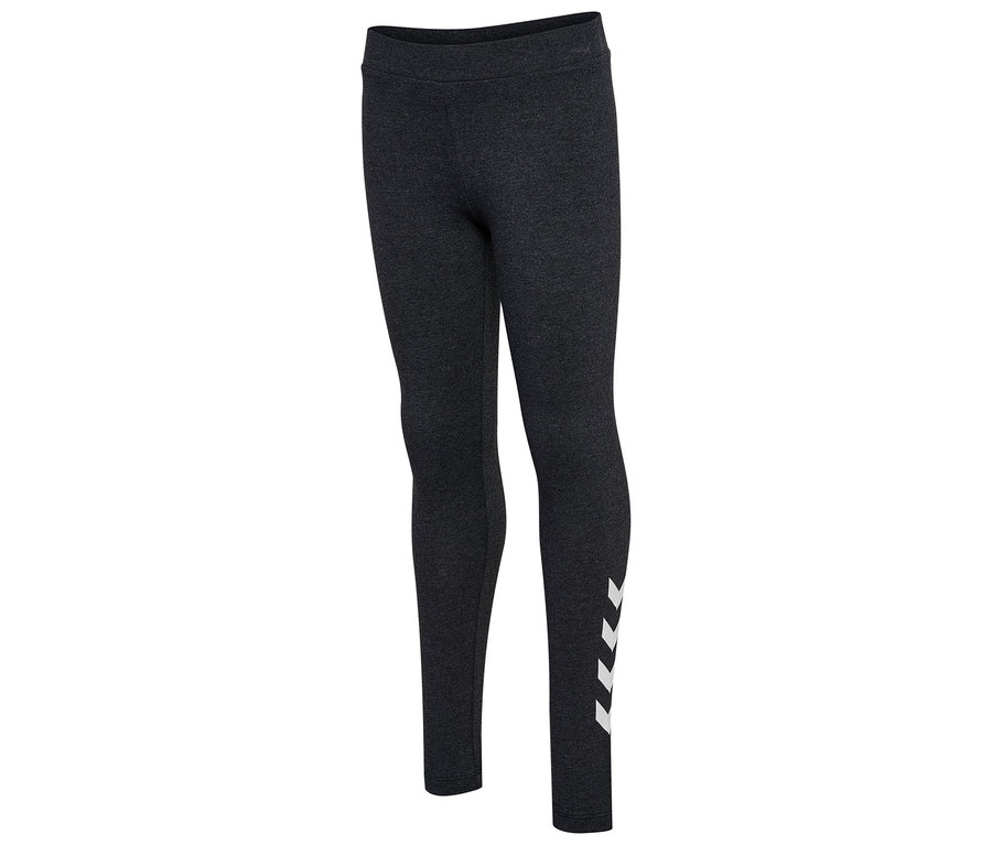 Schwarze HUMMEL HMLJR Logo Leggings mit weißem Logo am Bein.