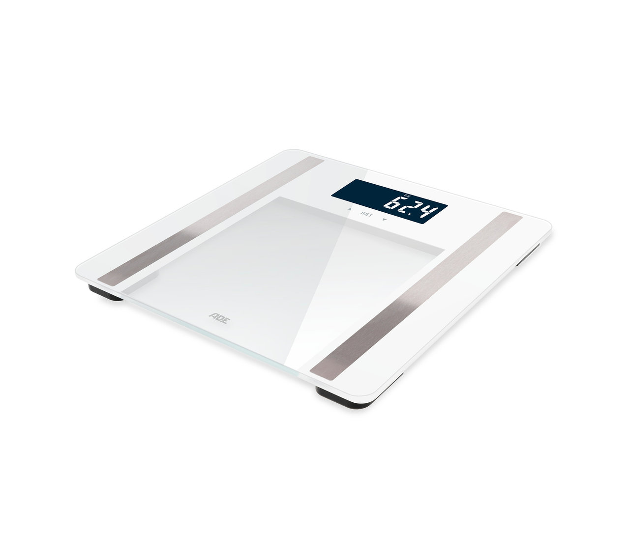 Weiße digitale Personenwaage ADE mit einer Anzeige von 62,4 kg.