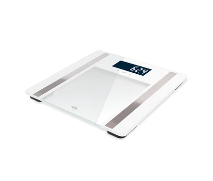 Weiße digitale Personenwaage ADE mit einer Anzeige von 62,4 kg.
