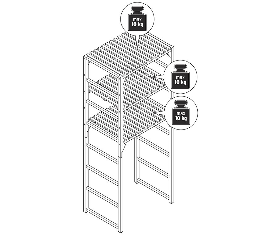 Zeichnung eines Holzregals mit drei Regalböden, jeder mit einer maximalen Tragfähigkeit von 10 kg.