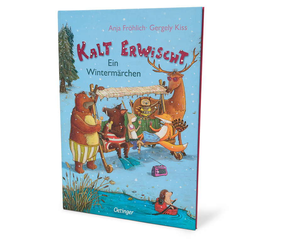 Buchcover mit dem Titel Kalt Erwischt. Auf dem Cover ist ein Bild von Tieren, die einen Ausflug in eine Winterlandschaft machen.