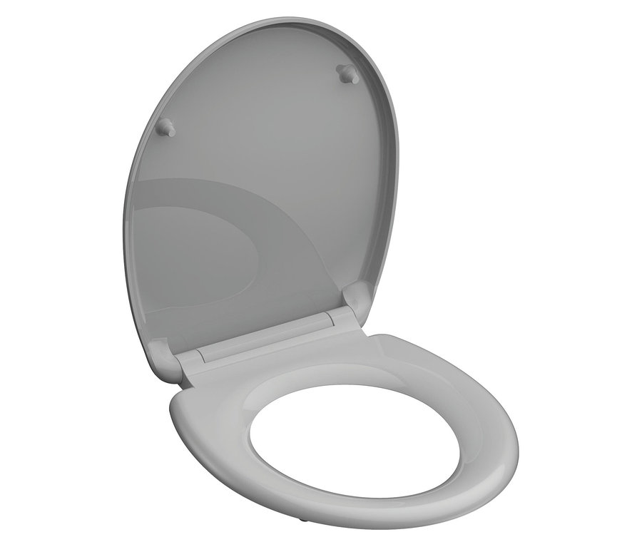 Geöffneter, grauer Toilettensitz.