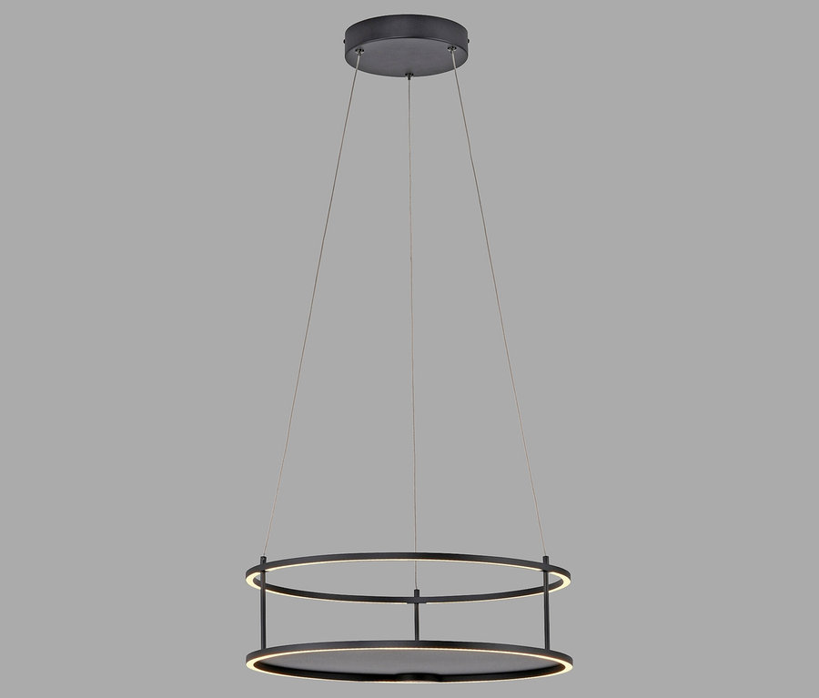 Schwarze Hängeleuchte mit kreisförmigem Design und LED-Beleuchtung.