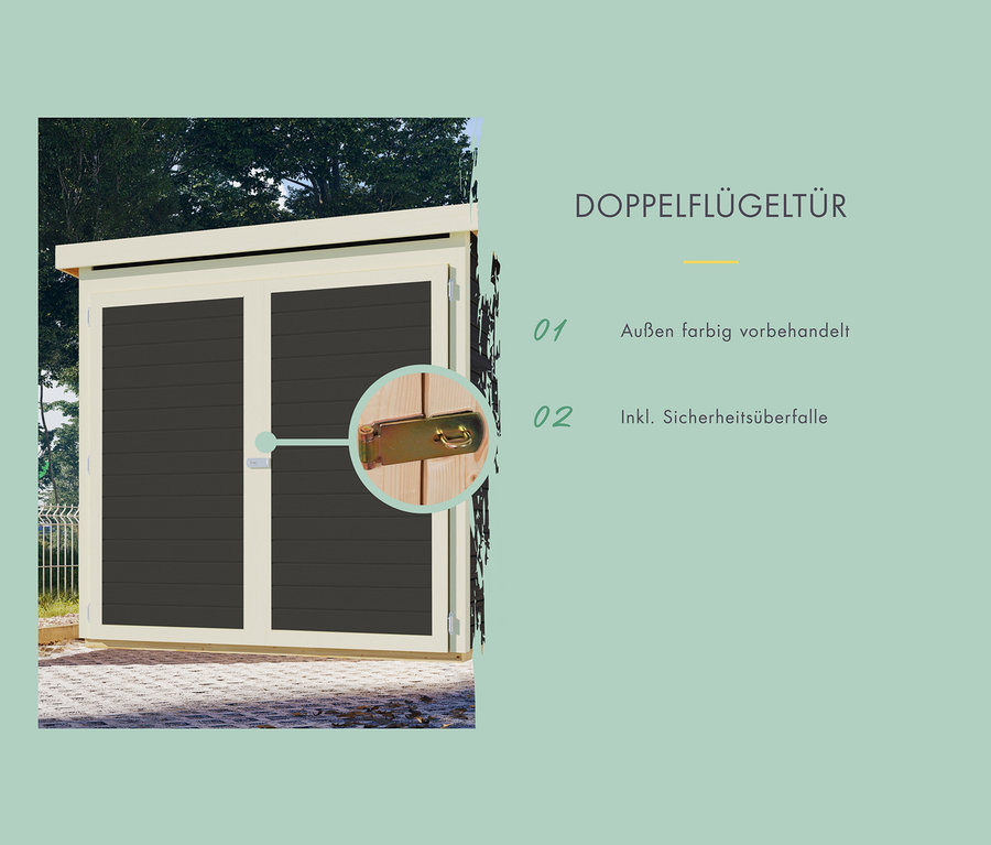 Detail einer terragrauen Karibu Fahrradgarage mit Doppelf Flügeltür und Sicherheitsschloss.