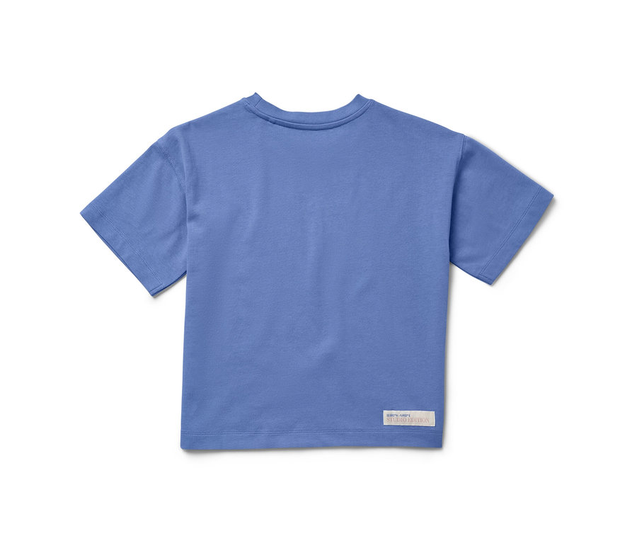 Blaues Heavy Kinder-T-Shirt mit überschnittenen Schultern.