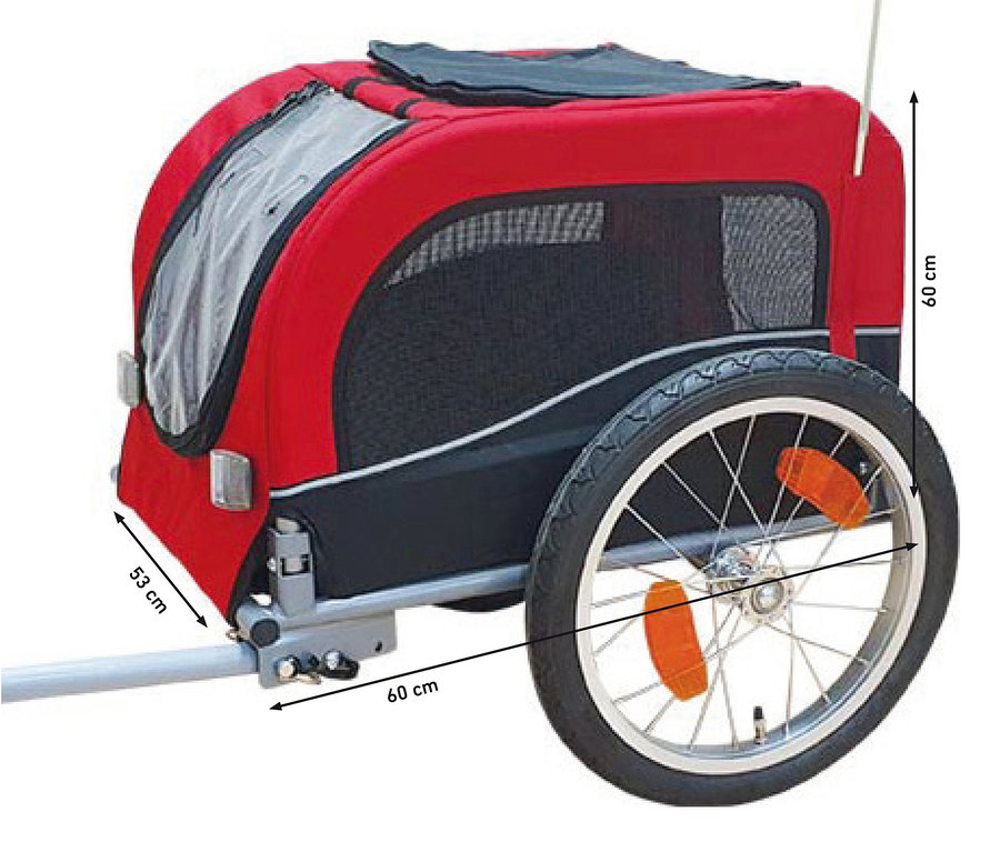 Detailansicht eines rot-schwarzen Hunde-Fahrradanhängers »SENLIMA«, Gr. S mit Maßangaben.