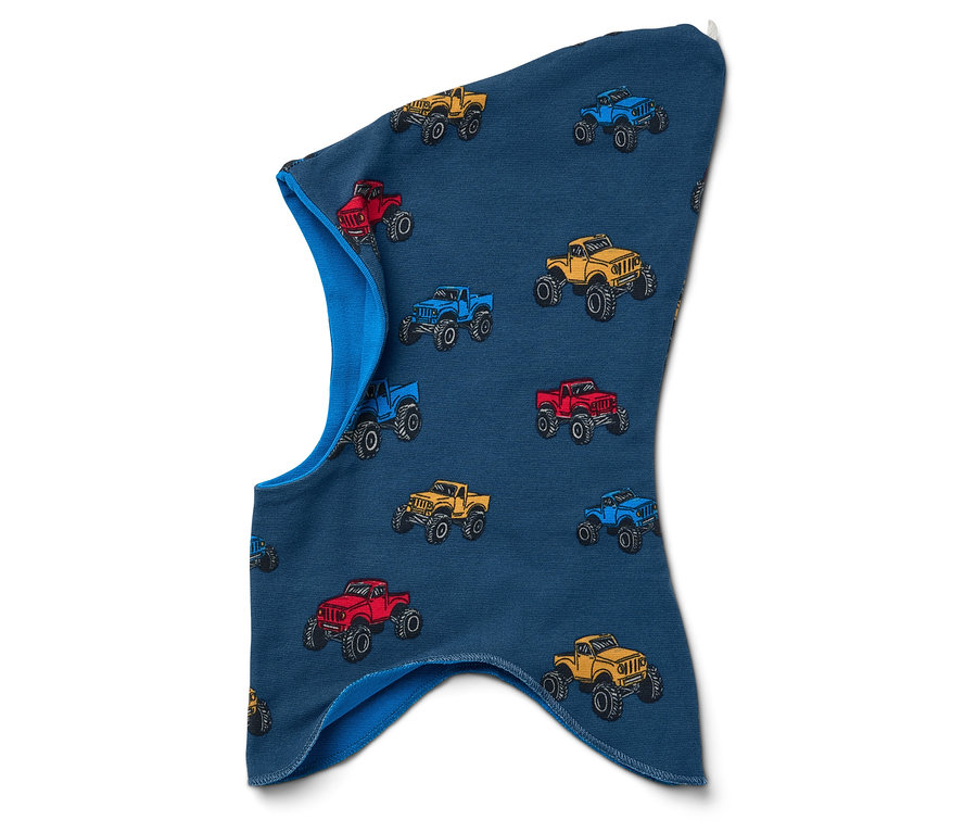 Blaue Sturmhaube mit bunten Monstertrucks.