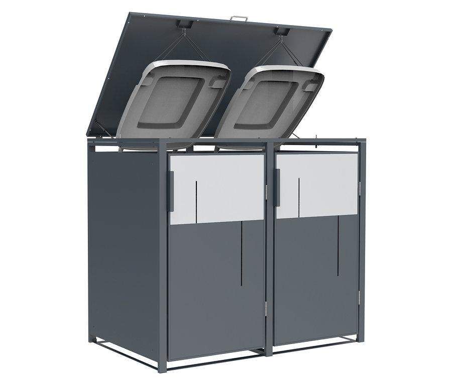 Grauer Mülltonnencontainer mit geöffnetem Deckel.