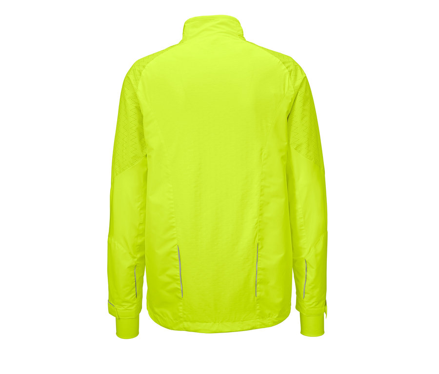Rückansicht einer neongelben Windprotection-Laufjacke.