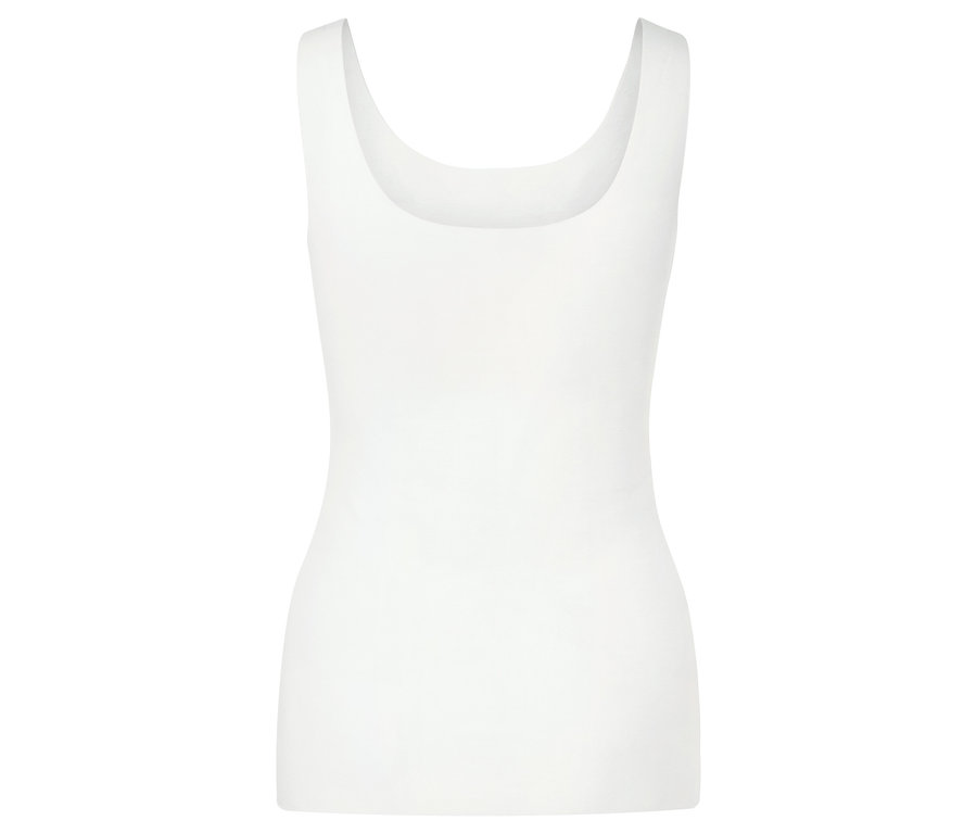 Weißes, ärmelloses Damenoberteil mit eckigem Ausschnitt.