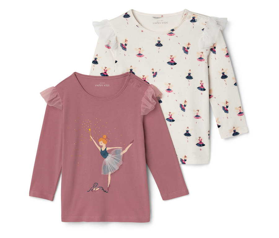 Zwei langärmelige Kinder T-Shirts. Ein Shirt ist rosa mit einer Ballerina Abbildung, das andere ist weiß mit Ballerina Aufdruck.