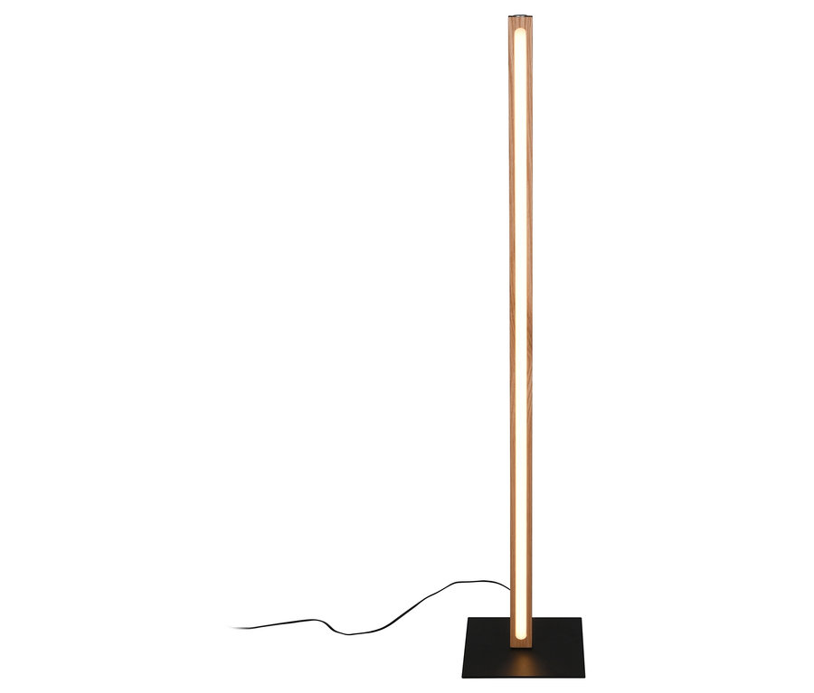 Eine Trio LED-Stehleuchte »Bellari« mit Holzrahmen und eingelassenem Licht steht auf einem schwarzen Sockel.