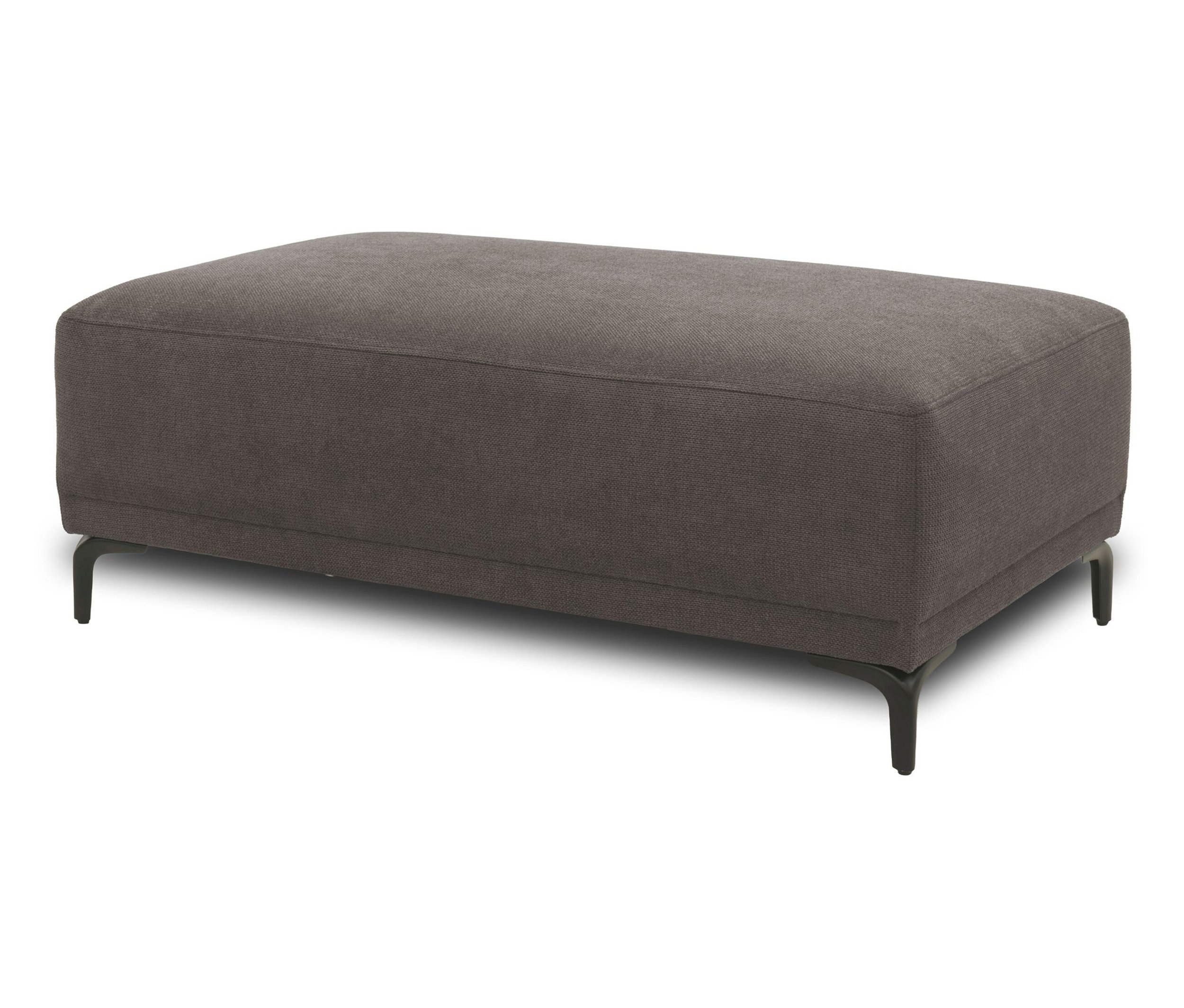 Graues DOMO Eck-Schlafsofa mit Hocker, linksbündig, mit schwarzen Füßen.