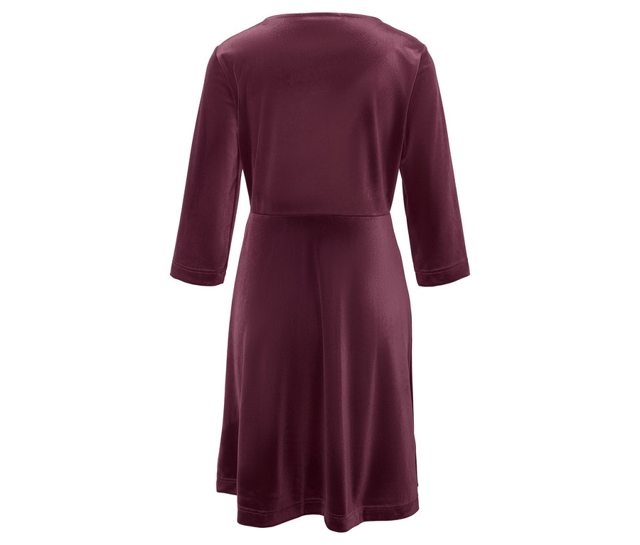 Ein burgunderrotes Kleid mit Dreiviertelärmeln von hinten.