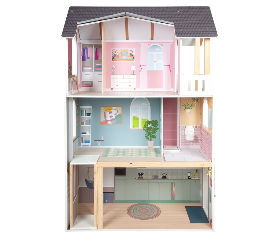 Dreistöckiges small foot Puppenhaus »Traumvilla XL« mit mehreren Zimmern und Möbeln.