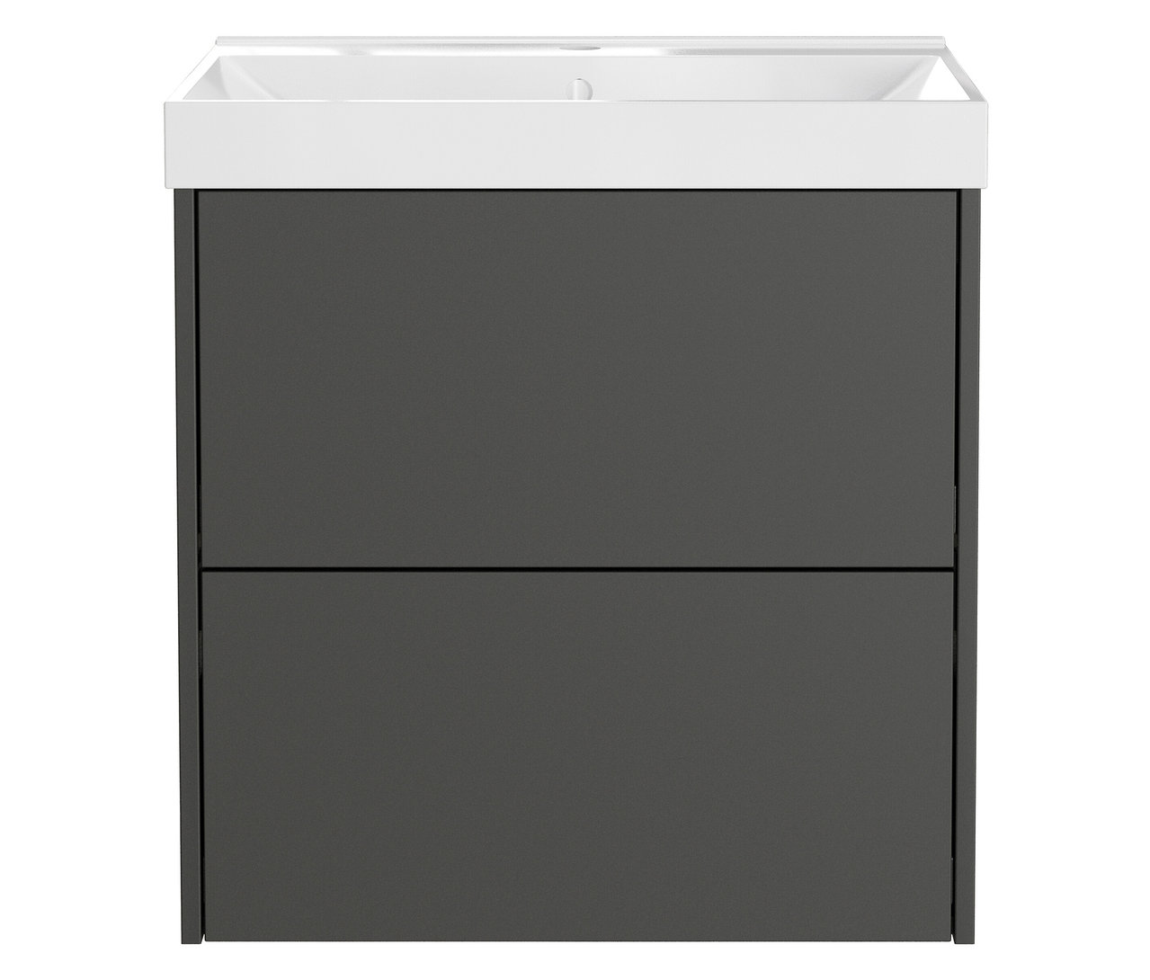 Grauer Badezimmerschrank mit weißem Waschbecken.