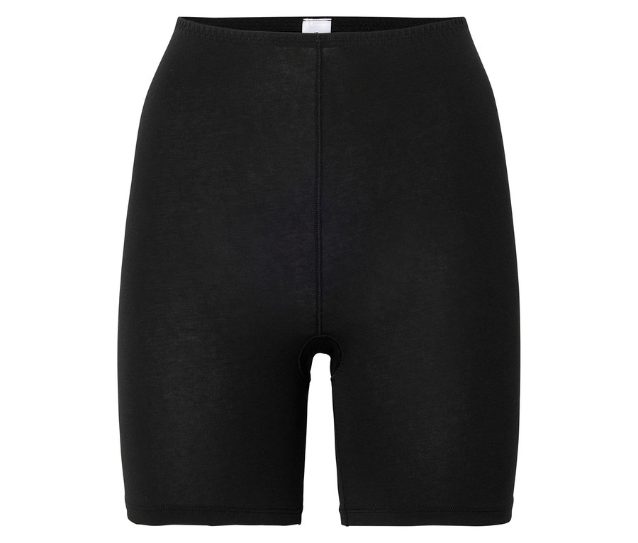 Schwarze, hoch taillierte Radlerhose vor weißem Hintergrund.