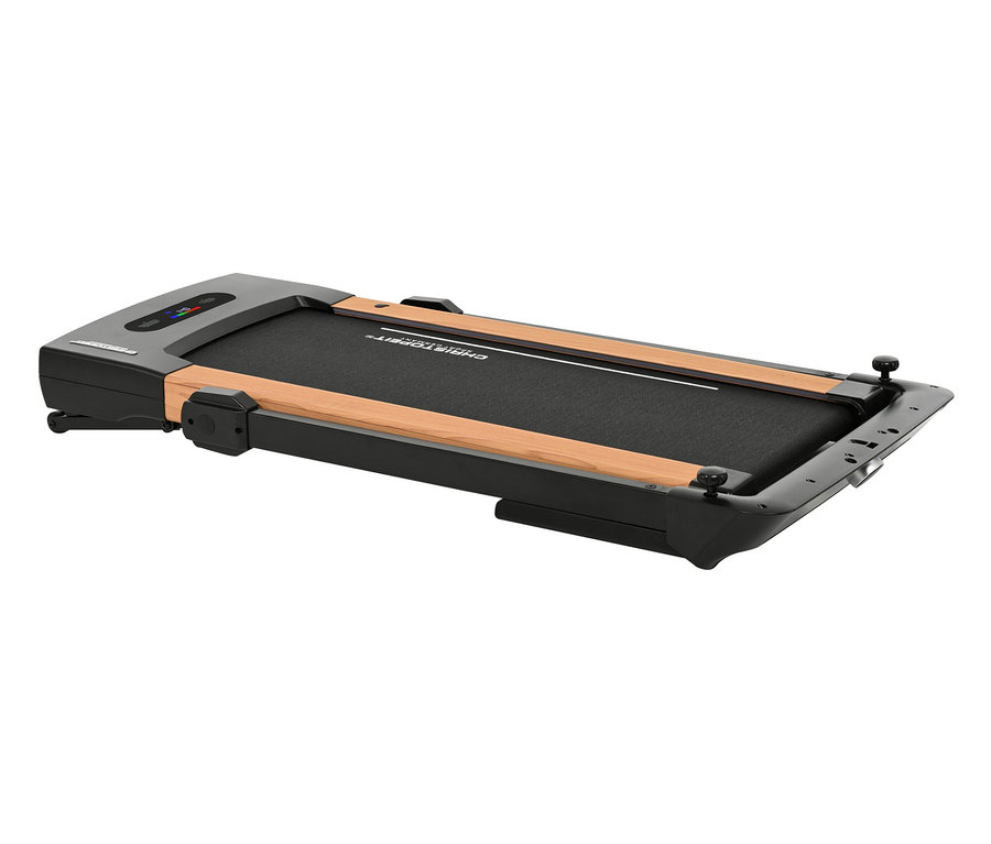 Zusammengeklapptes, liegendes Laufband 2 in 1 in Holzoptik.