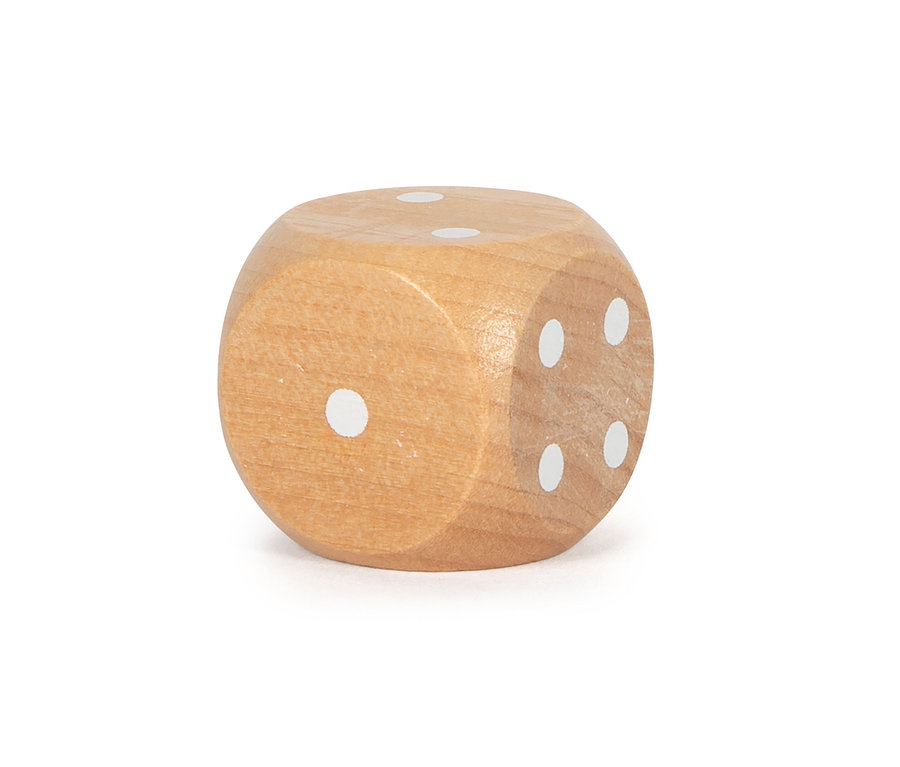 Ein Würfel aus dem small foot Spiele-Set »Dino« mit weißen Punkten auf weißem Hintergrund.