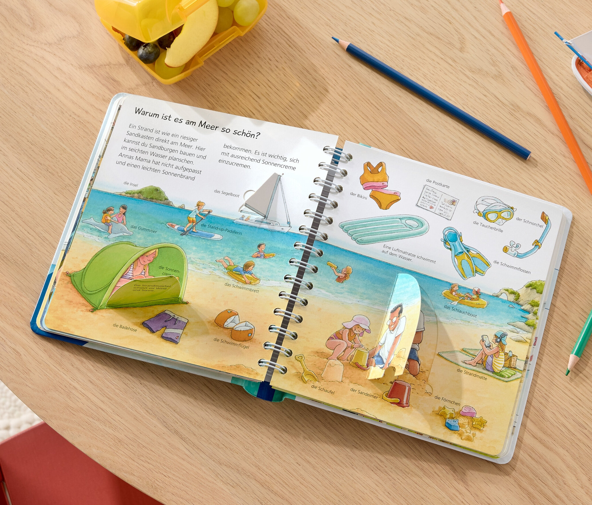 Aufgeschlagenes Buch »Wieso? Weshalb? Warum? junior: Wir fahren in den Urlaub« zeigt Illustrationen von einem Strand mit Menschen und Strandutensilien.