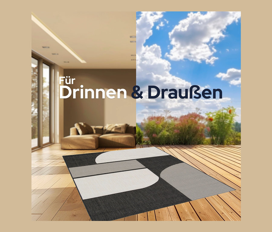 Innen- und Aussenbereich mit Outdoor-Teppich »Zen Lines« mit geometrischem Muster.