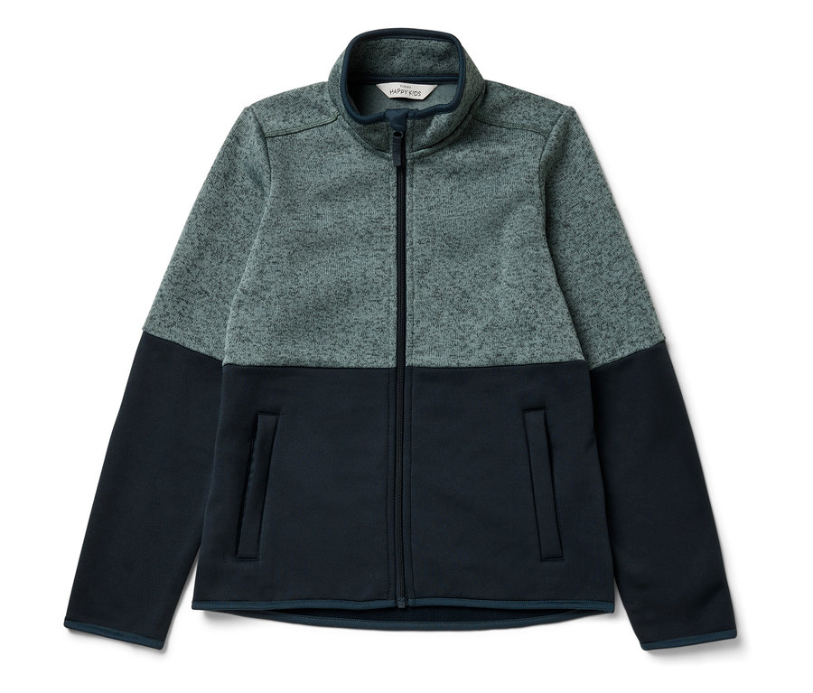 Blau-graue Kinder-Hybrid-Strickfleecejacke mit durchgehendem Reißverschluss.