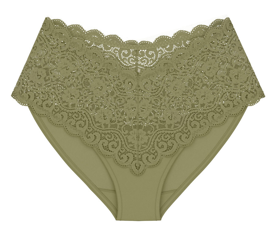 Triumph Amourette Maxi Höschen in Olivgold mit breitem Spitzenbund.