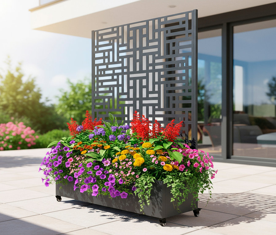 Blumenkasten mit bunten Blumen vor einem Sichtschutz auf einer Terrasse.