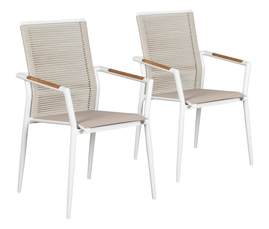 Zwei DeVries Stapelstühle aus einem 2er-Set mit weißen Rahmen und beige Seilbespannung stehen nebeneinander.