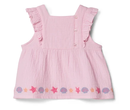 Rosa, ärmelloses Top mit Rüschen und Seestern- und Muschelmuster am Saum.
