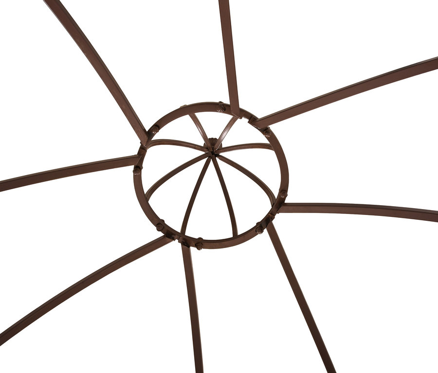 Detailaufnahme des braunen Metallrahmens eines Pavillons von unten, mit kreisförmigen und geraden Streben vor weißem Hintergrund.