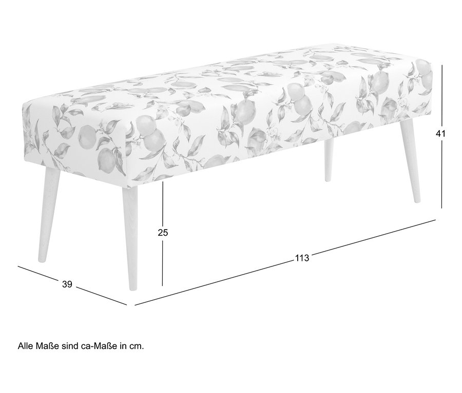 Eine Bank mit Zitronenmuster und vier Holzbeinen ist abgebildet. Die Maße sind eingezeichnet.