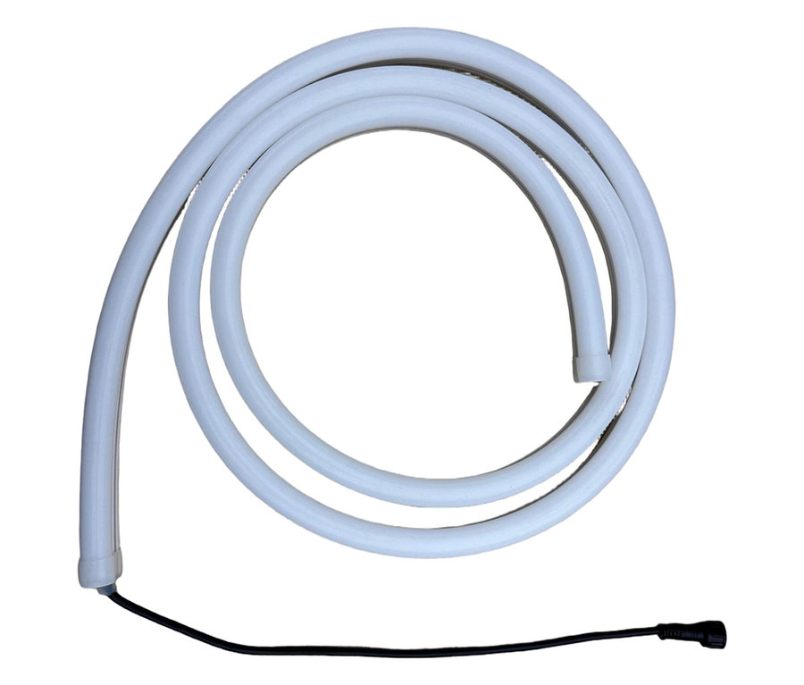 Aufgerolltes, flexibles, weißes LED-Neonband mit schwarzem Kabel.