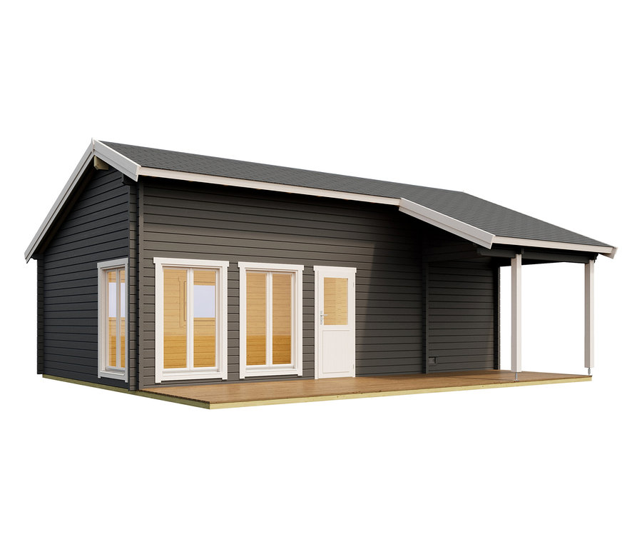 Ansicht eines grauen Holzhauses mit weißen Fensterrahmen und einer überdachten Veranda.