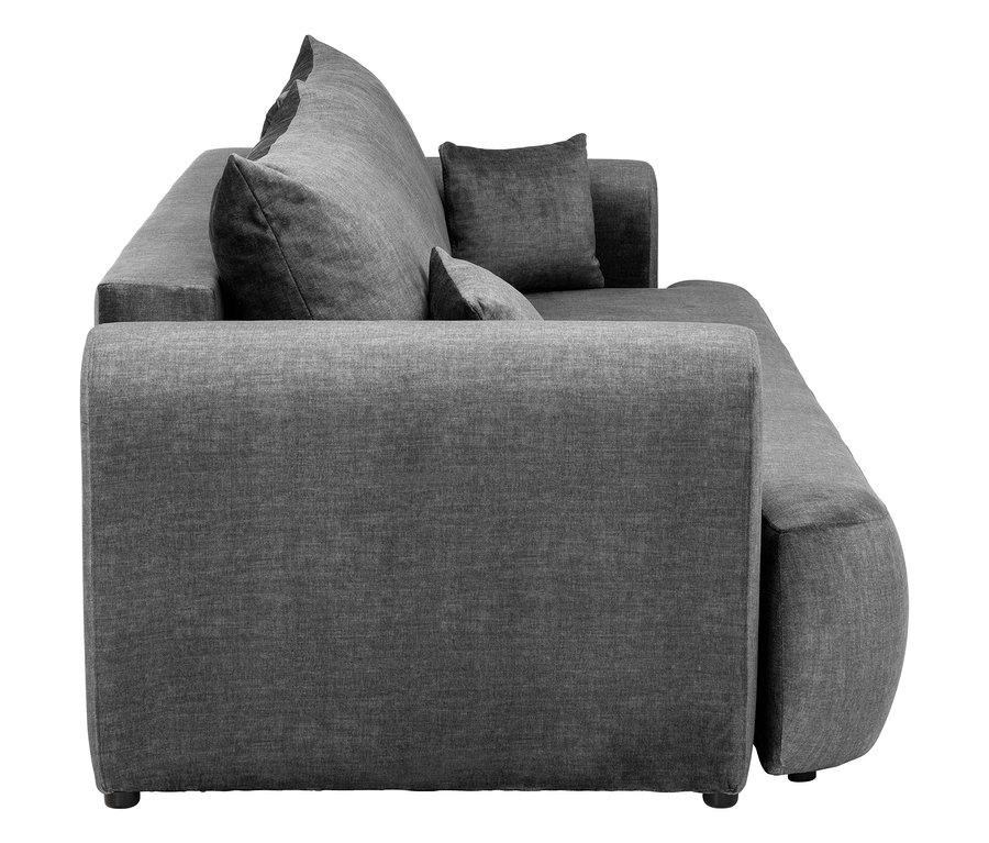 Graues Stoffsofa mit Kissen.