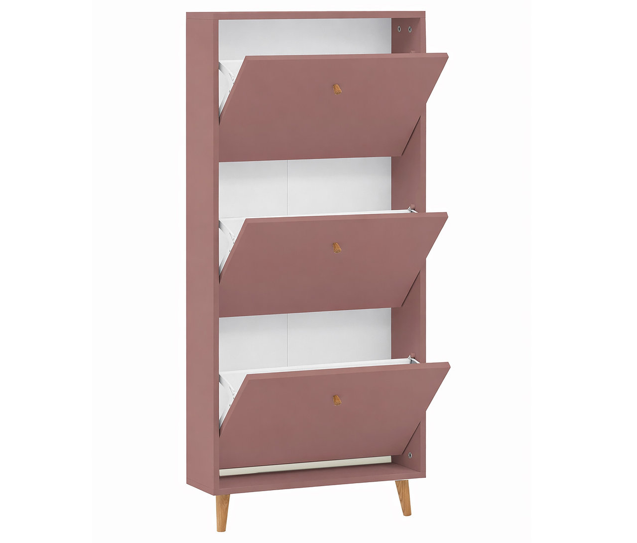 Ein schmaler, rosa Schuhschrank mit drei Fächern, von denen jedes eine Klappe hat, die nach vorne geöffnet ist.