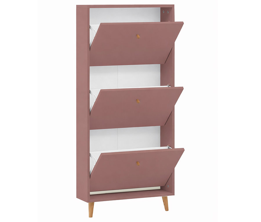 Ein schmaler, rosa Schuhschrank mit drei Fächern, von denen jedes eine Klappe hat, die nach vorne geöffnet ist.