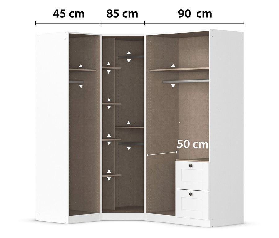 Drei weiße Schränke mit Regalen und Schubladen, verbunden zu einer Eckeinheit. Die Maße sind 45 cm, 85 cm und 90 cm.