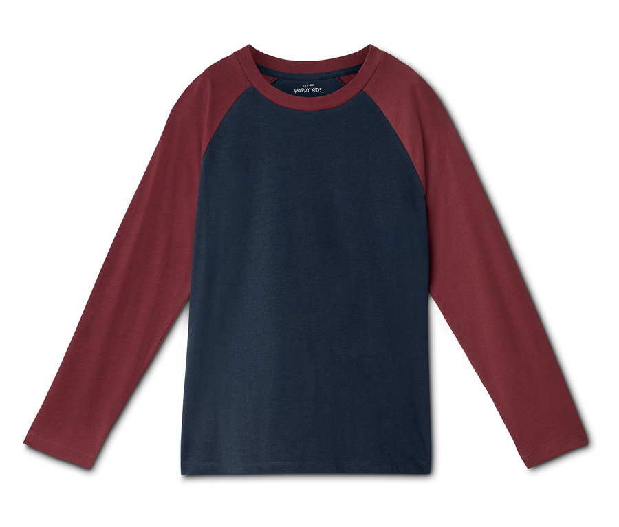 Langärmliges Raglan-Shirt mit dunkelblauem Rumpf und weinroten Ärmeln, mit einem kleinen „HAPPY KIDS“-Etikett am Kragen.