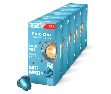 Eine Packung Eduscho Lungo Mild - 100 Kapseln steht neben einer einzelnen Kapsel.